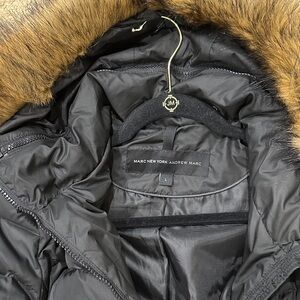 Marc New York Andrew Marc Black Jacket with Brown Faux Fur. With Zip off Hood